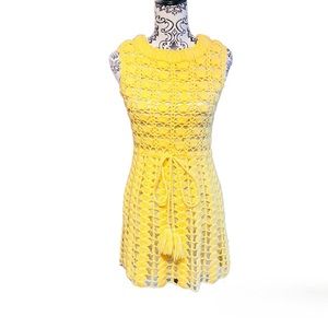 Vintage 1960’s/1970’s Bright Yellow Crochet Knit Mini Dress.